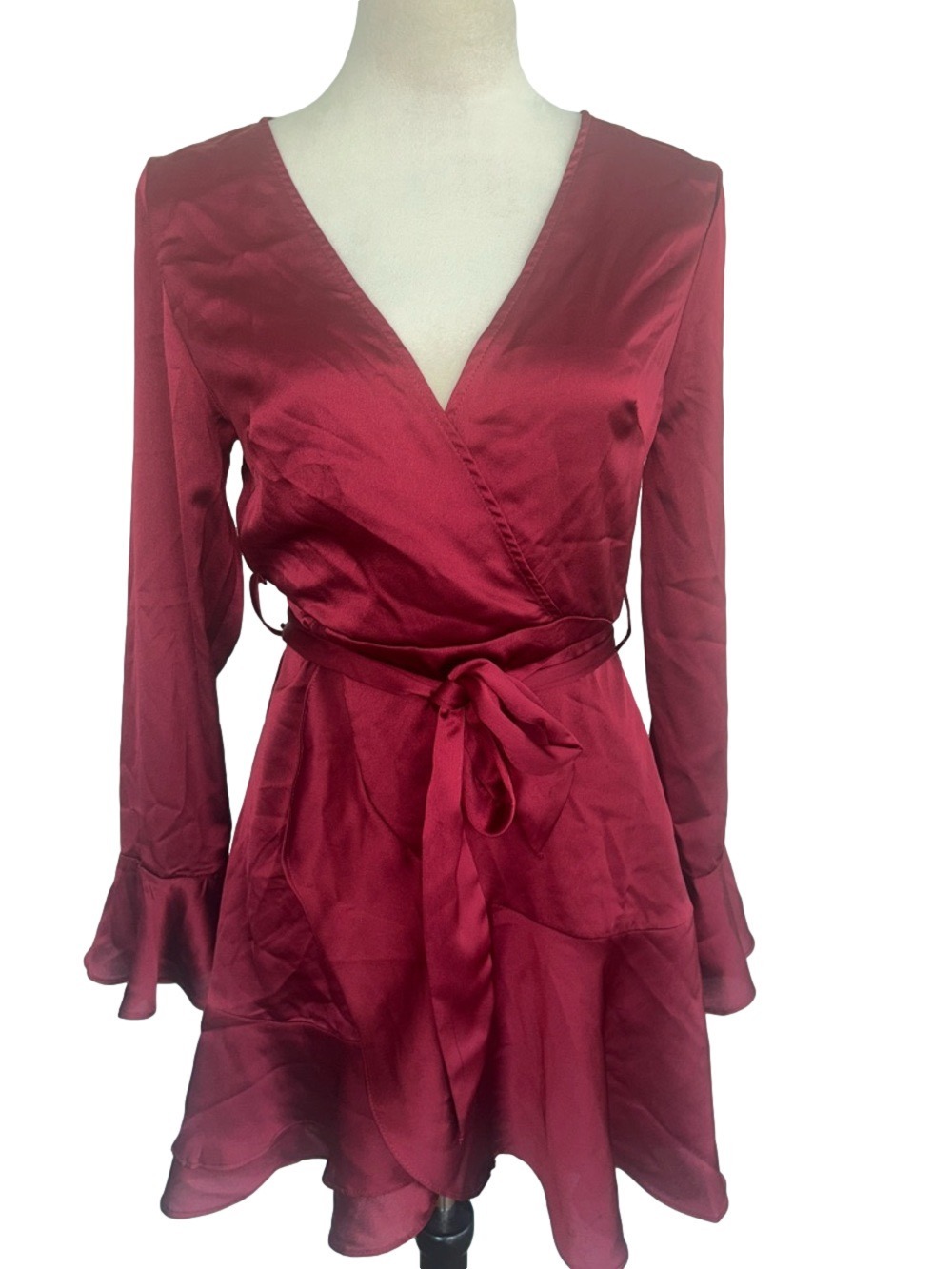 Burgundy “Satin” Wrap Dress with Tie Waist: Size Medium